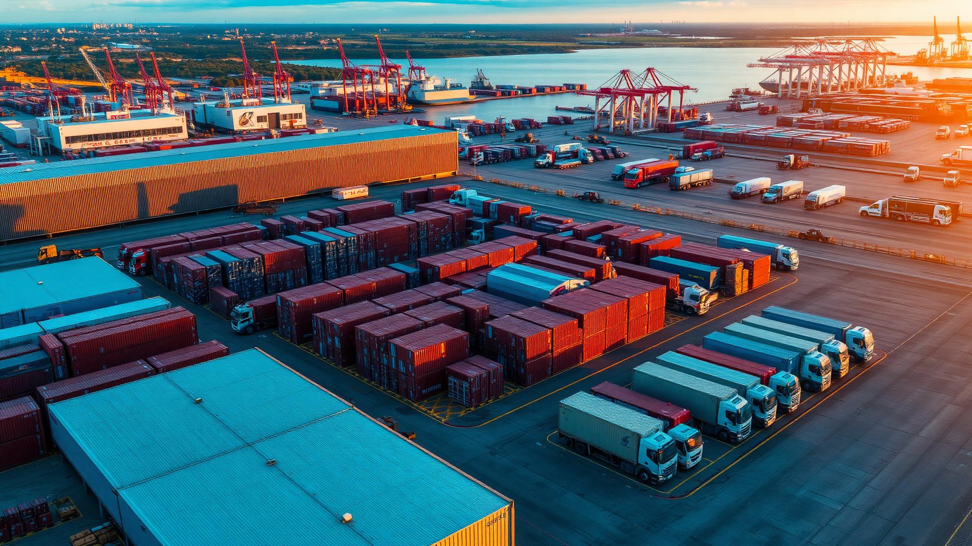 Hub logistico moderno con contenedores y transporte de carga