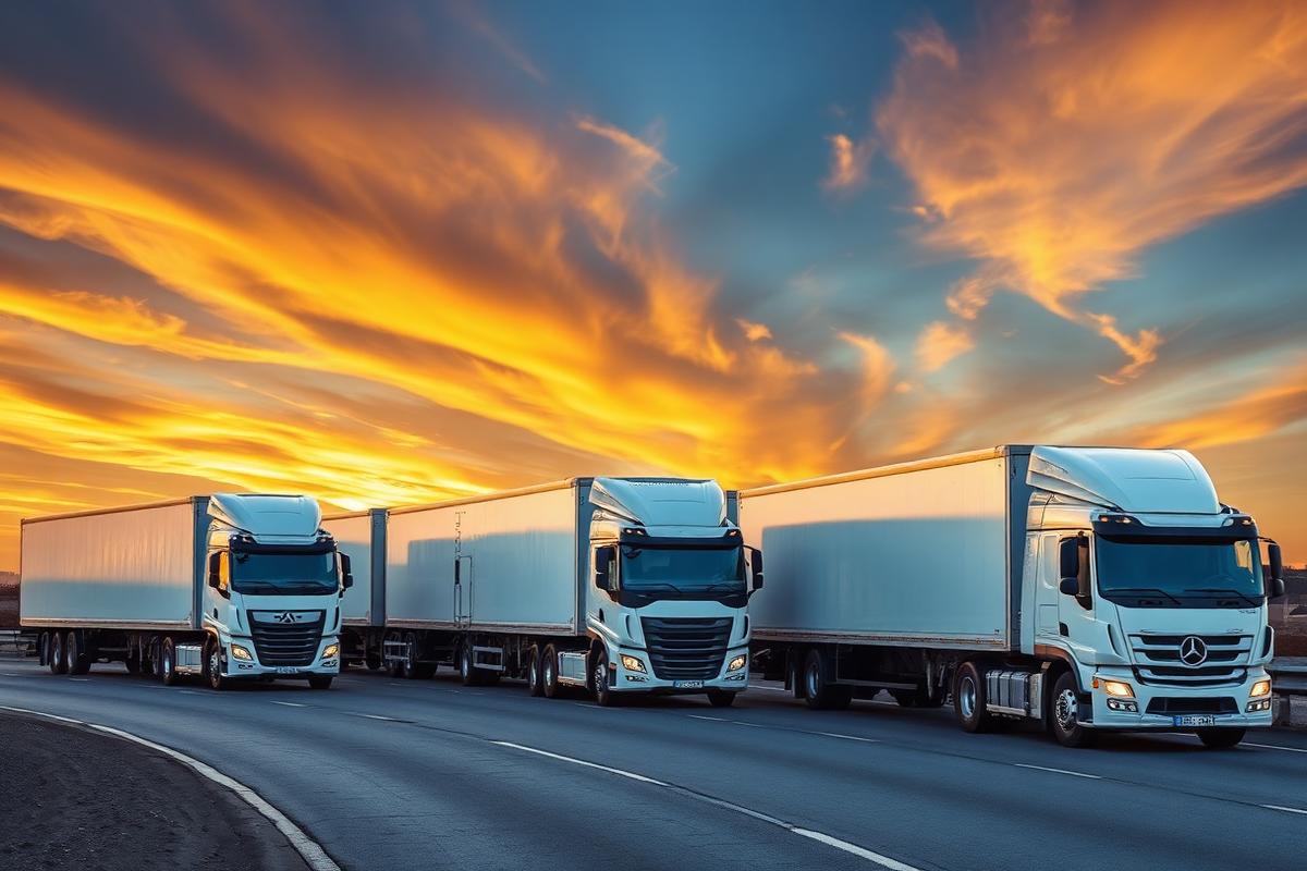 Flota de camiones de carga en carretera al atardecer